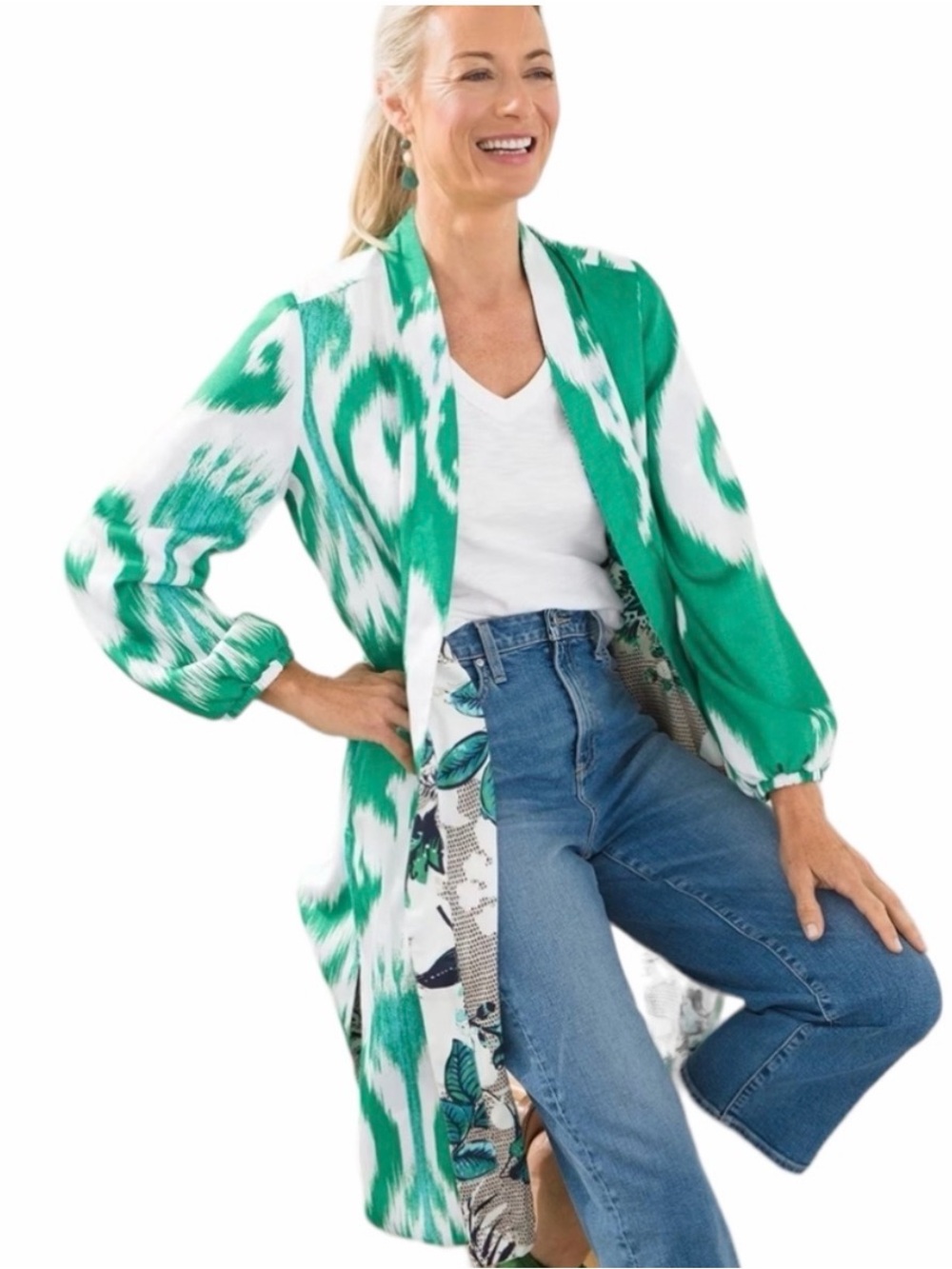 Chico's Reversible Duster Jacket Tropic Emerald Ikat Floral Satin Size 3 16 NWT - Picture 16 of 16